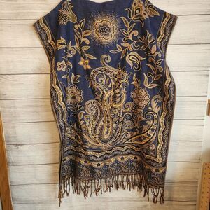 Lovely Pashmina Woven Blue Gold Paisley Scarf Wrap Fringe Rectangle 64x27"